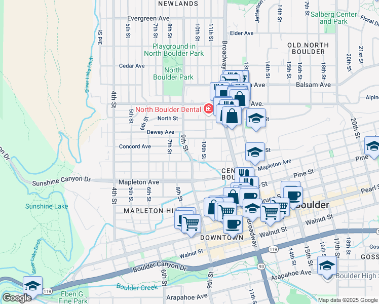 map of restaurants, bars, coffee shops, grocery stores, and more near 932 Portland Place in Boulder
