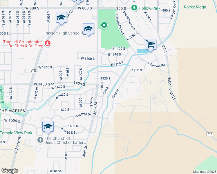 map of restaurants, bars, coffee shops, grocery stores, and more near 1355 100 East in Payson