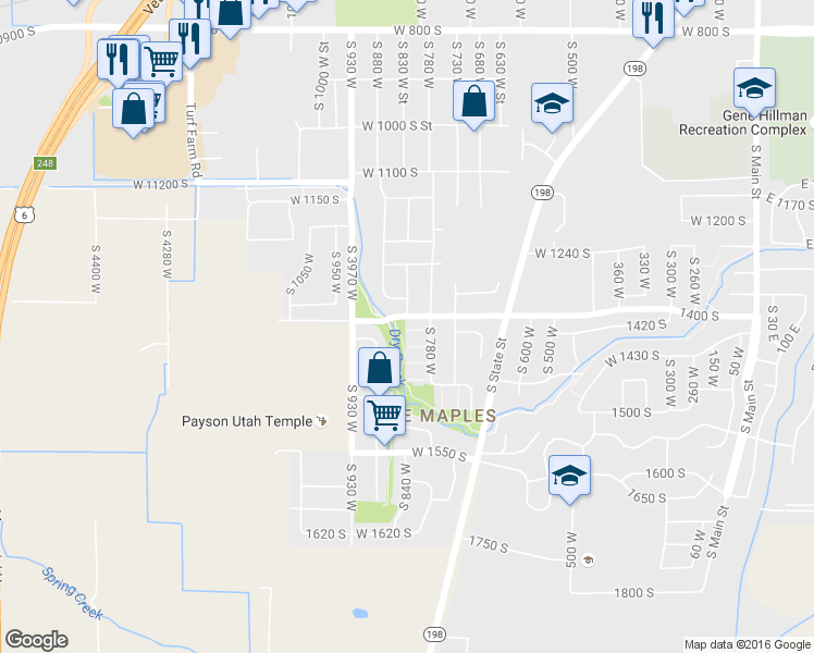 map of restaurants, bars, coffee shops, grocery stores, and more near 1354 South 780 West in Payson
