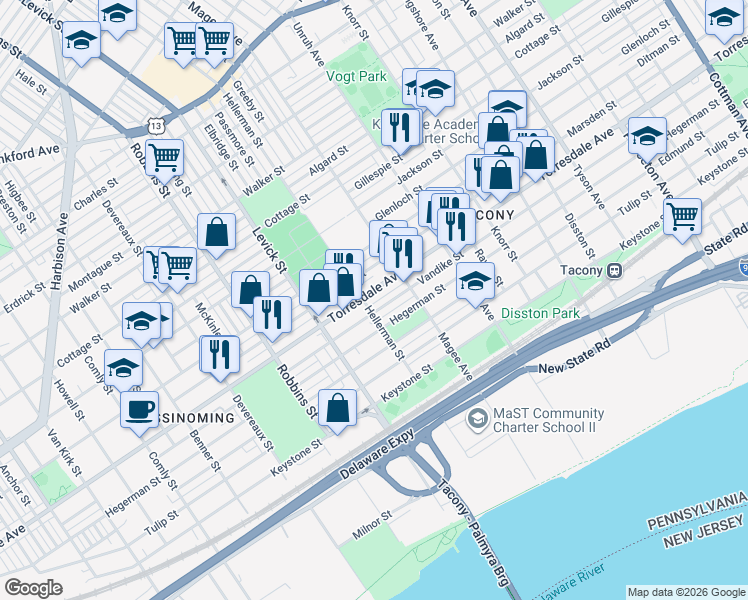 map of restaurants, bars, coffee shops, grocery stores, and more near 6524 Torresdale Avenue in Philadelphia