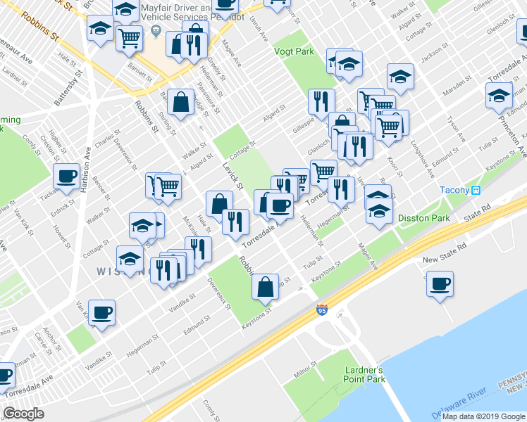 map of restaurants, bars, coffee shops, grocery stores, and more near in Philadelphia