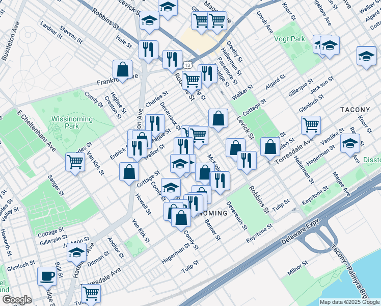 map of restaurants, bars, coffee shops, grocery stores, and more near 4337 Devereaux Street in Philadelphia