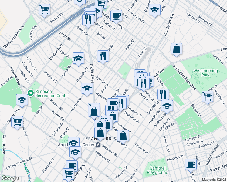 map of restaurants, bars, coffee shops, grocery stores, and more near 5123 Leiper Street in Philadelphia