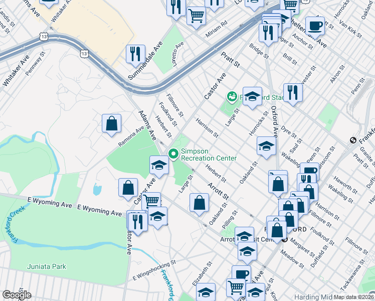 map of restaurants, bars, coffee shops, grocery stores, and more near 1007 Foulkrod Street in Philadelphia