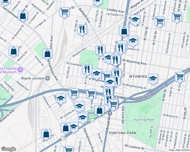 map of restaurants, bars, coffee shops, grocery stores, and more near 4549 North 16th Street in Philadelphia