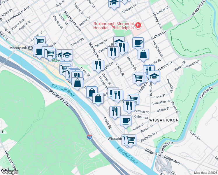 map of restaurants, bars, coffee shops, grocery stores, and more near 4015 Manayunk Avenue in Philadelphia