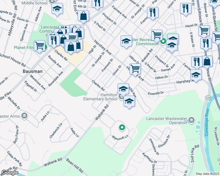 map of restaurants, bars, coffee shops, grocery stores, and more near 1249 Union Street in Lancaster