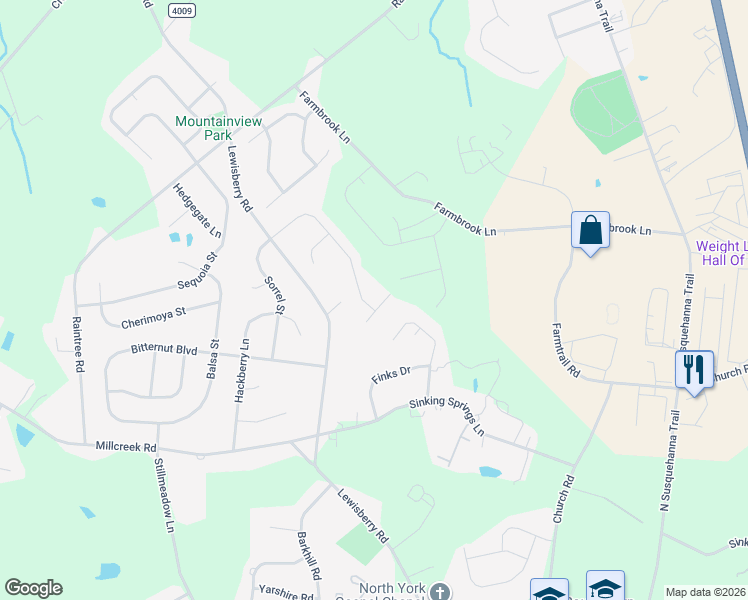 map of restaurants, bars, coffee shops, grocery stores, and more near 3468 Sorrel Street in York