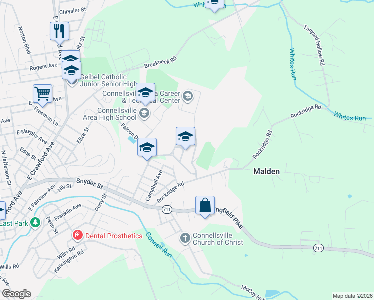 map of restaurants, bars, coffee shops, grocery stores, and more near 710 Locust Street in Connellsville