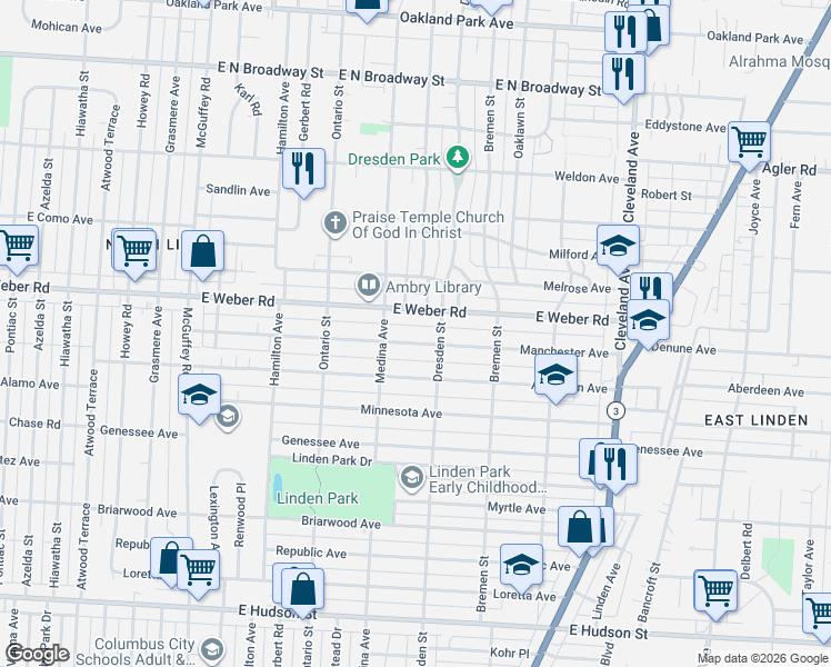 map of restaurants, bars, coffee shops, grocery stores, and more near 1463 East Weber Road in Columbus