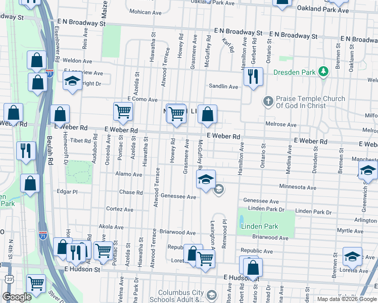 map of restaurants, bars, coffee shops, grocery stores, and more near in Columbus