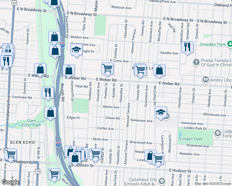 map of restaurants, bars, coffee shops, grocery stores, and more near 2831 Azelda Street in Columbus