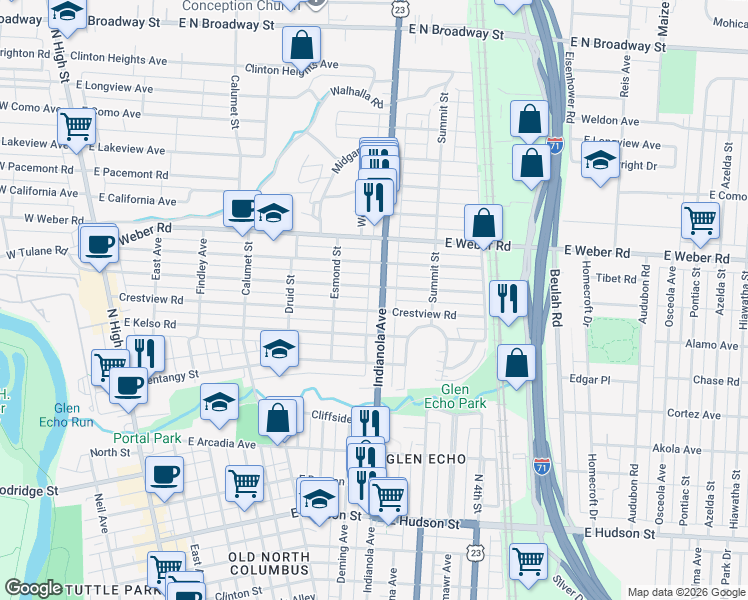 map of restaurants, bars, coffee shops, grocery stores, and more near 394 East Tulane Road in Columbus