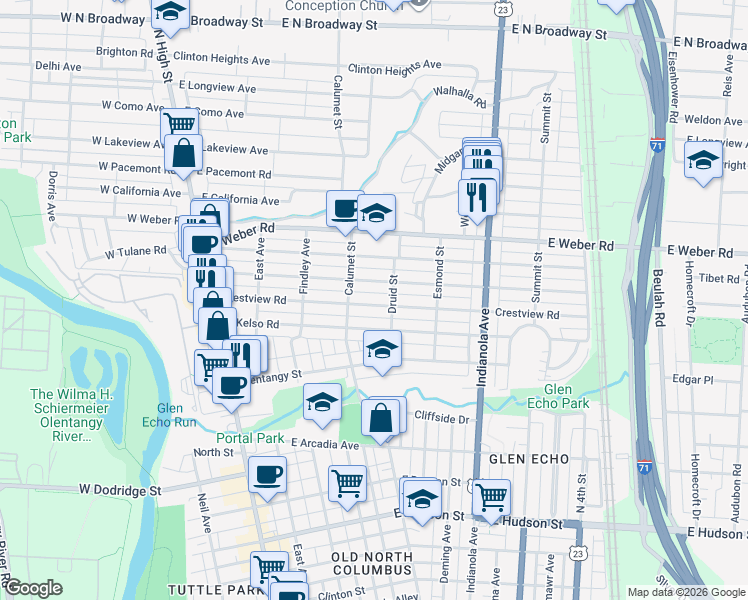 map of restaurants, bars, coffee shops, grocery stores, and more near 233 East Tulane Road in Columbus