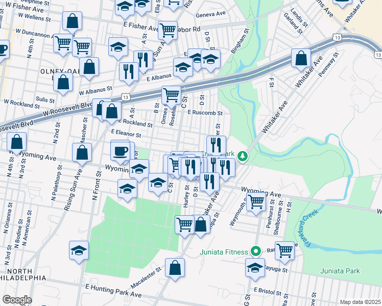 map of restaurants, bars, coffee shops, grocery stores, and more near 441 East Loudon Street in Philadelphia