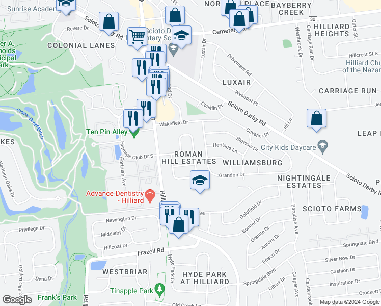 map of restaurants, bars, coffee shops, grocery stores, and more near 3461 Farley Drive in Hilliard