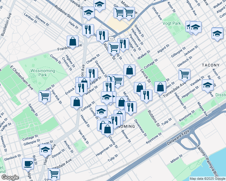 map of restaurants, bars, coffee shops, grocery stores, and more near 4337 Devereaux Street in Philadelphia