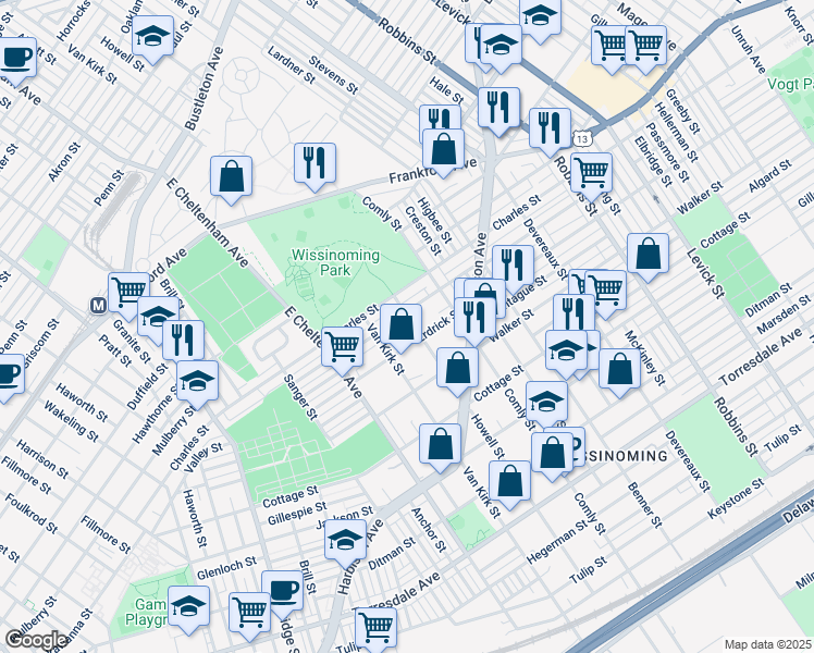 map of restaurants, bars, coffee shops, grocery stores, and more near 4128 Howell Street in Philadelphia