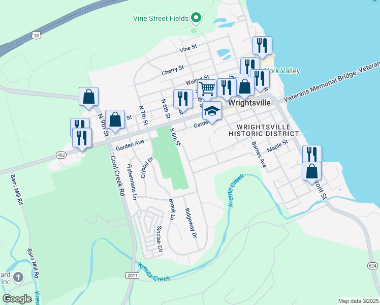 map of restaurants, bars, coffee shops, grocery stores, and more near 211 South 6th Street in Wrightsville