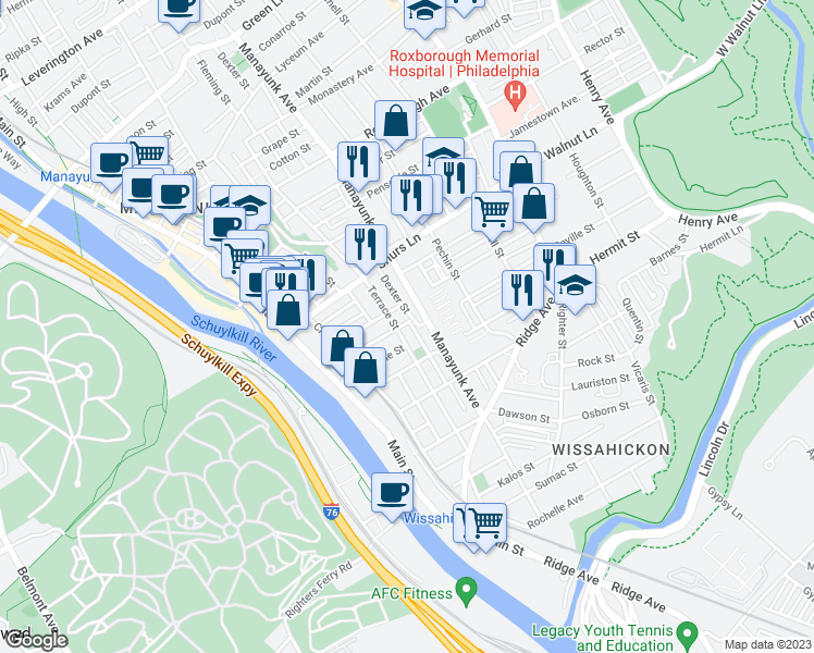 map of restaurants, bars, coffee shops, grocery stores, and more near 4015 Manayunk Avenue in Philadelphia