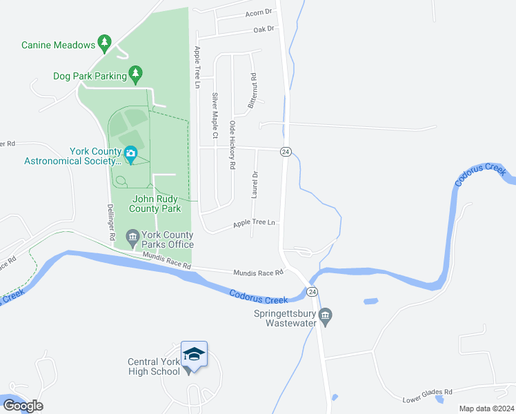 map of restaurants, bars, coffee shops, grocery stores, and more near 115 Laurel Drive in Mount Wolf