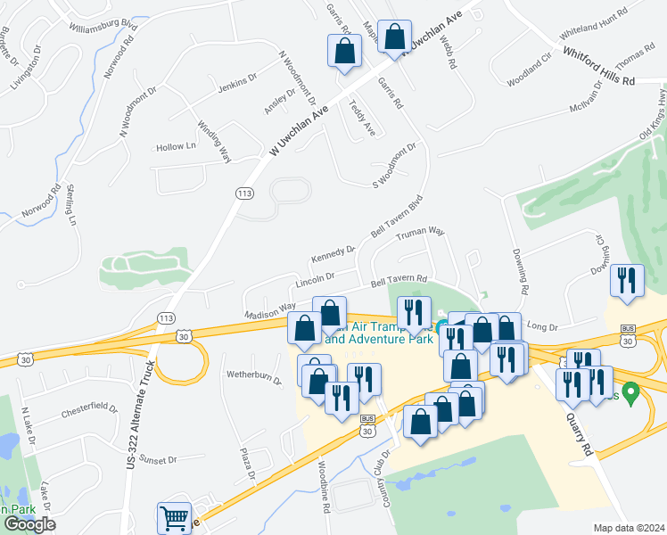 map of restaurants, bars, coffee shops, grocery stores, and more near 18 Lincoln Drive in Downingtown