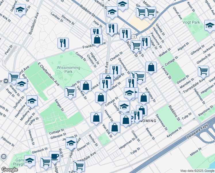 map of restaurants, bars, coffee shops, grocery stores, and more near 6011 Montague Street in Philadelphia