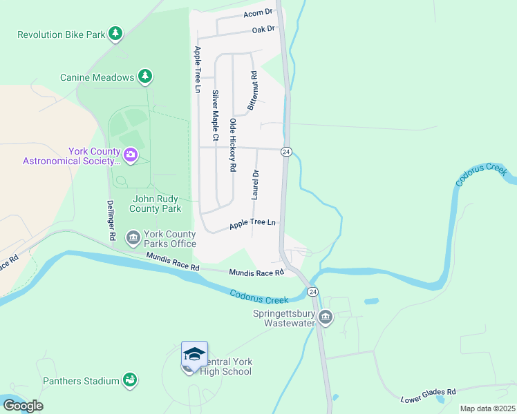 map of restaurants, bars, coffee shops, grocery stores, and more near 115 Laurel Drive in Mount Wolf