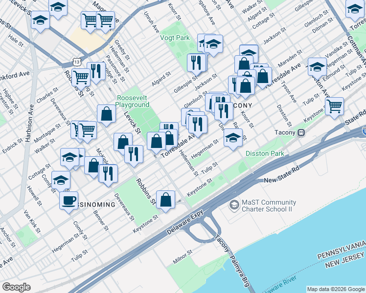 map of restaurants, bars, coffee shops, grocery stores, and more near 6524 Torresdale Avenue in Philadelphia