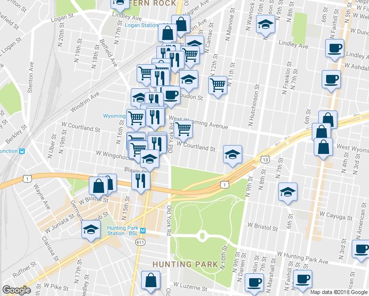 map of restaurants, bars, coffee shops, grocery stores, and more near 4555 North 13th Street in Philadelphia