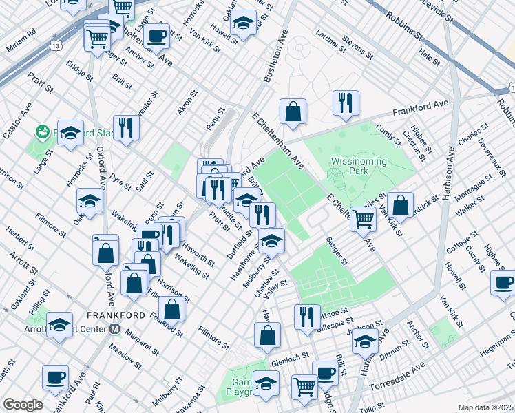 map of restaurants, bars, coffee shops, grocery stores, and more near 5329 Lesher Street in Philadelphia