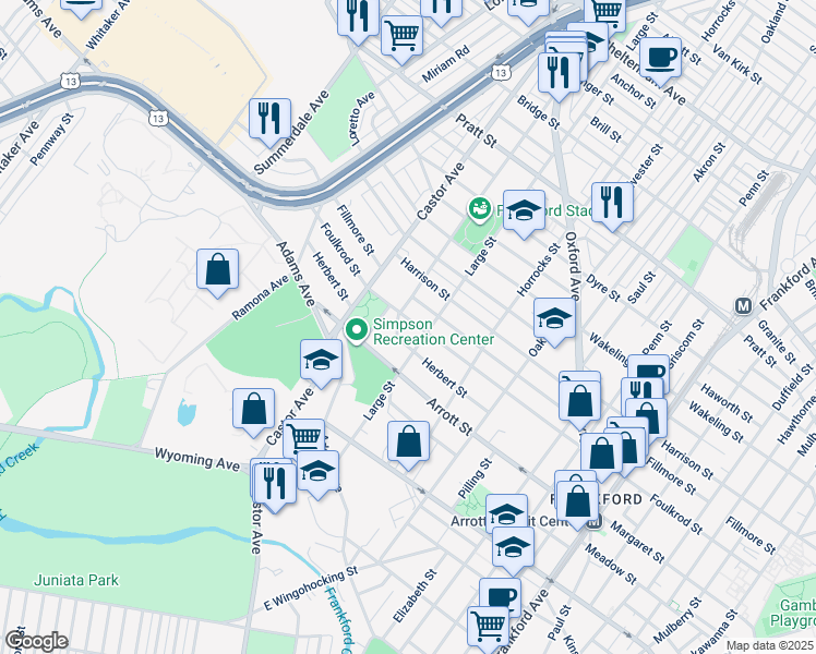 map of restaurants, bars, coffee shops, grocery stores, and more near 1020 Foulkrod Street in Philadelphia