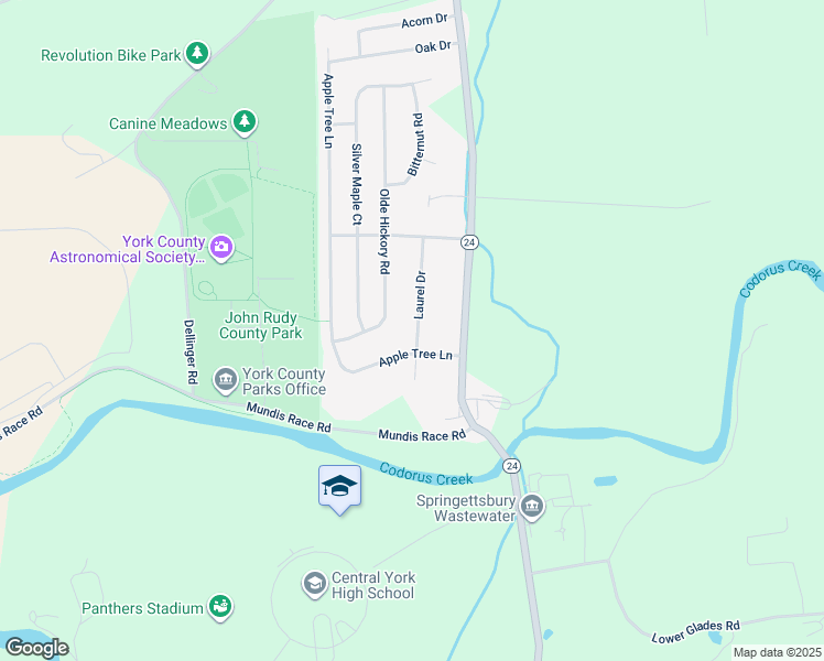 map of restaurants, bars, coffee shops, grocery stores, and more near 110 Laurel Drive in Mount Wolf