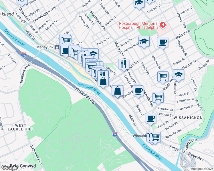 map of restaurants, bars, coffee shops, grocery stores, and more near 118 Shurs Lane in Philadelphia
