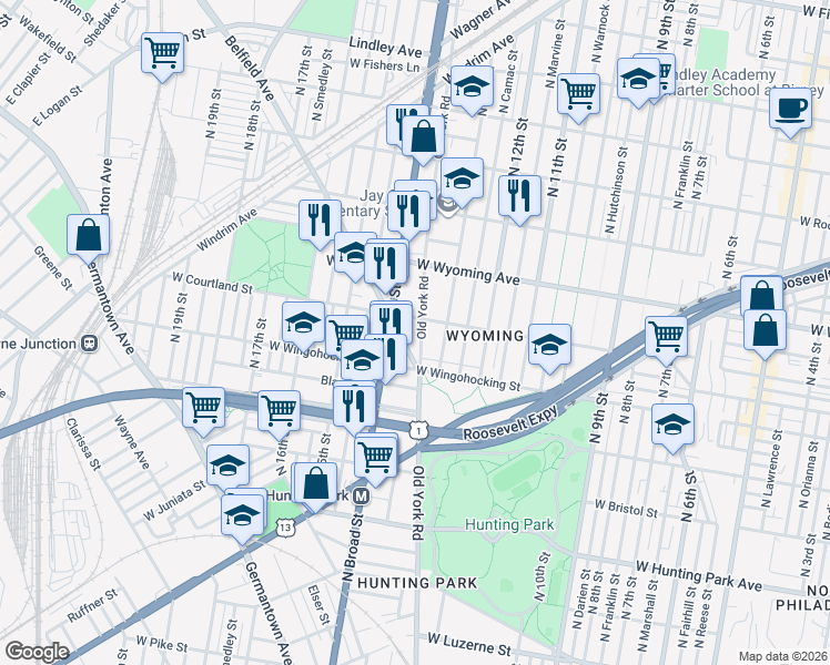 map of restaurants, bars, coffee shops, grocery stores, and more near 4600 Old York Road in Philadelphia