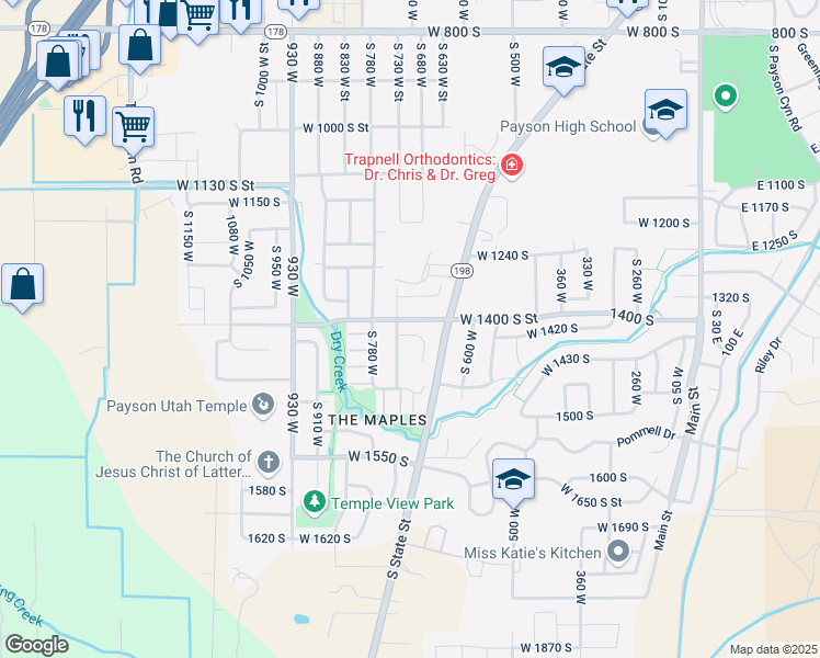 map of restaurants, bars, coffee shops, grocery stores, and more near 708 West 1410 South in Payson