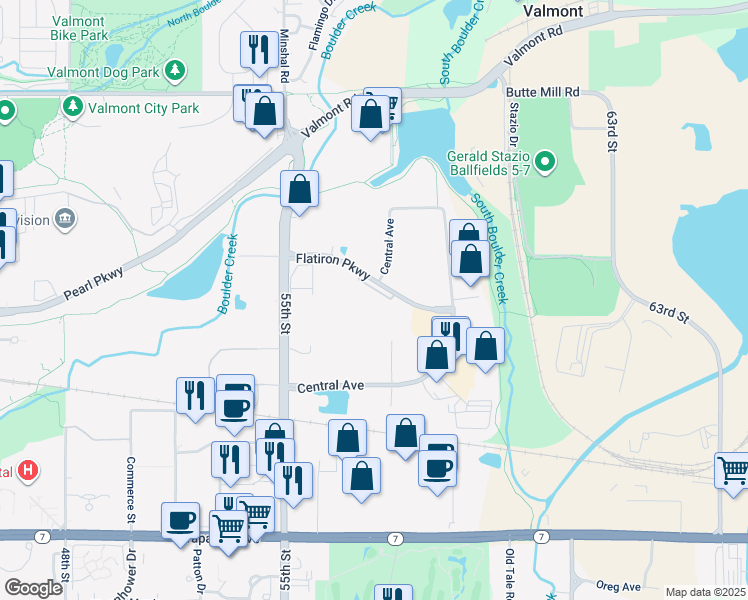 map of restaurants, bars, coffee shops, grocery stores, and more near 5700-5720 South Flatiron Court in Boulder
