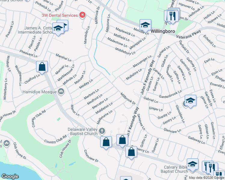 map of restaurants, bars, coffee shops, grocery stores, and more near 56 Millbrook Drive in Willingboro