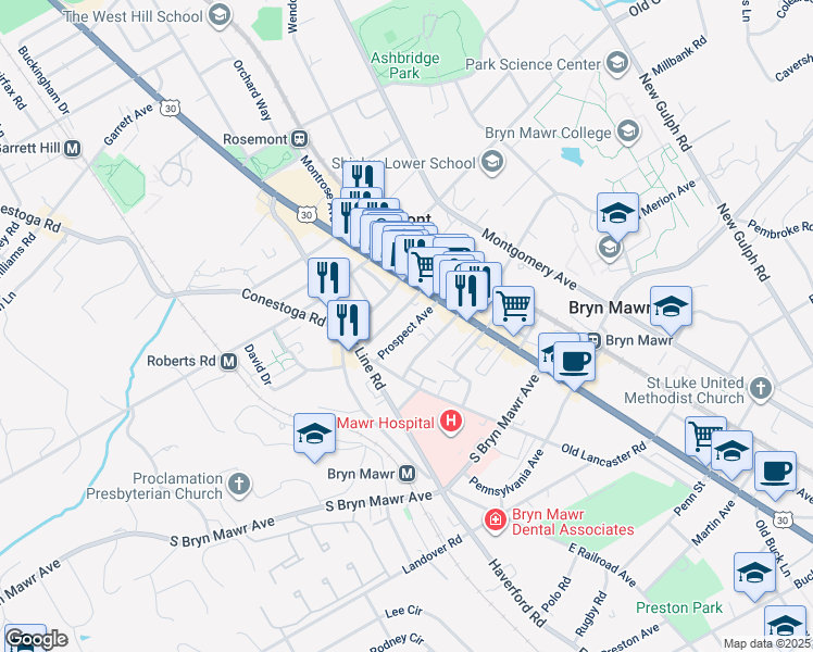 map of restaurants, bars, coffee shops, grocery stores, and more near 36 Prospect Avenue in Bryn Mawr