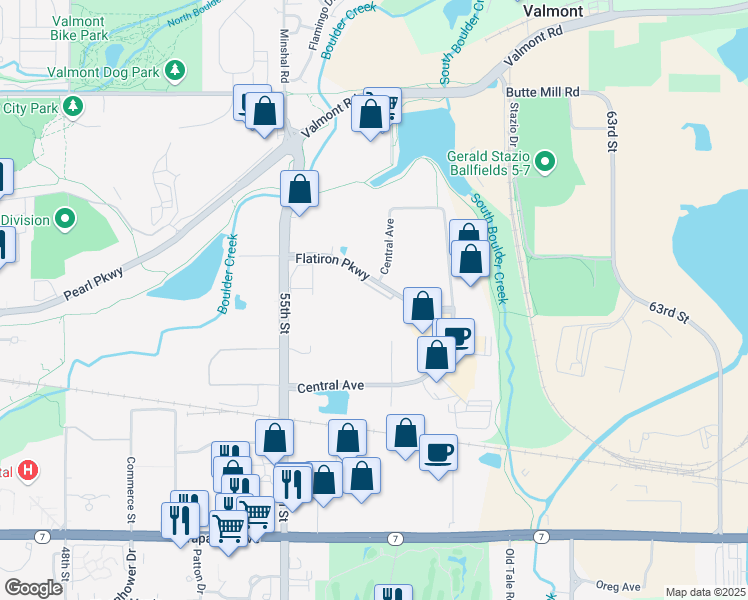 map of restaurants, bars, coffee shops, grocery stores, and more near 5700-5720 South Flatiron Court in Boulder