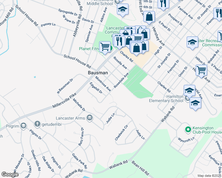 map of restaurants, bars, coffee shops, grocery stores, and more near 139 Montrose Avenue in Lancaster