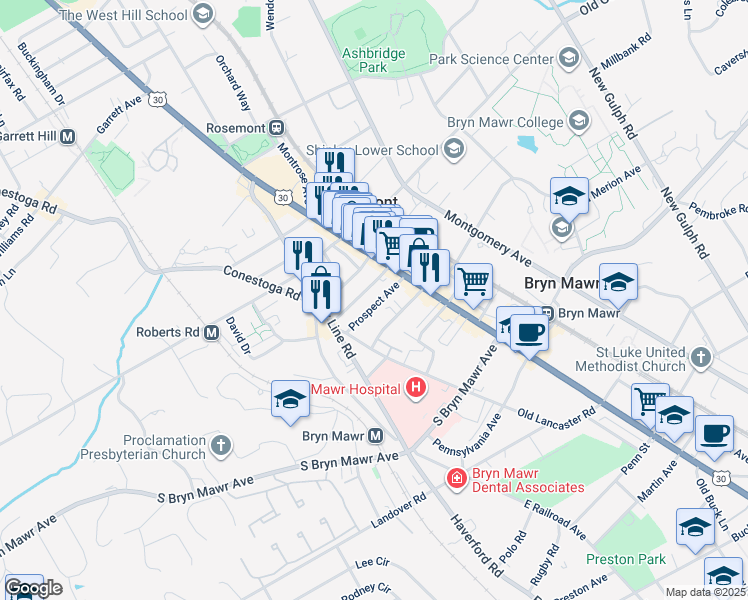 map of restaurants, bars, coffee shops, grocery stores, and more near 36 Prospect Avenue in Bryn Mawr
