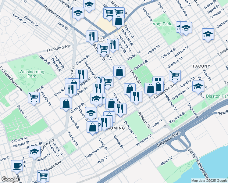 map of restaurants, bars, coffee shops, grocery stores, and more near 4419 McKinley Street in Philadelphia