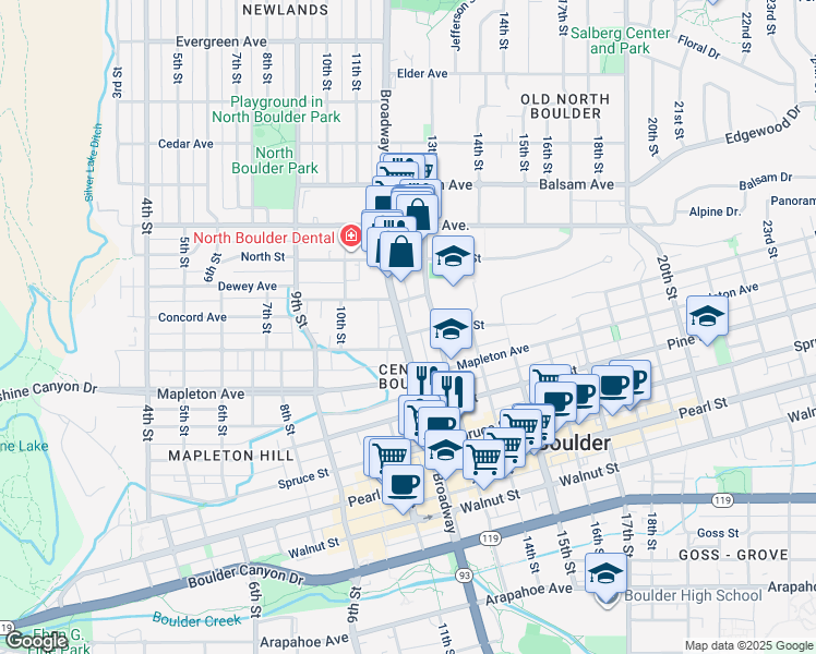 map of restaurants, bars, coffee shops, grocery stores, and more near 2463 Broadway in Boulder