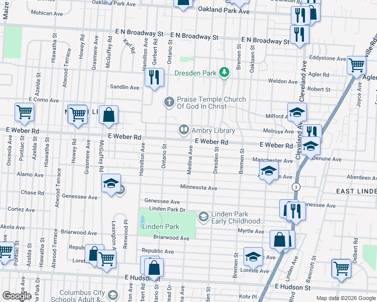 map of restaurants, bars, coffee shops, grocery stores, and more near 1405 East Weber Road in Columbus