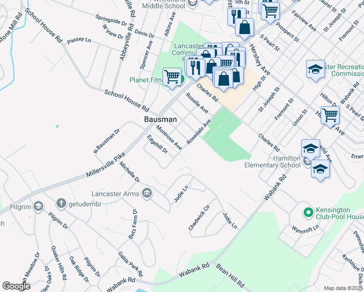 map of restaurants, bars, coffee shops, grocery stores, and more near 139 Montrose Avenue in Lancaster
