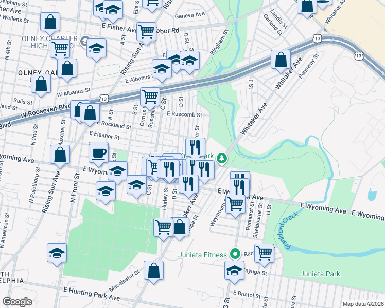 map of restaurants, bars, coffee shops, grocery stores, and more near 4842 Gransback Street in Philadelphia