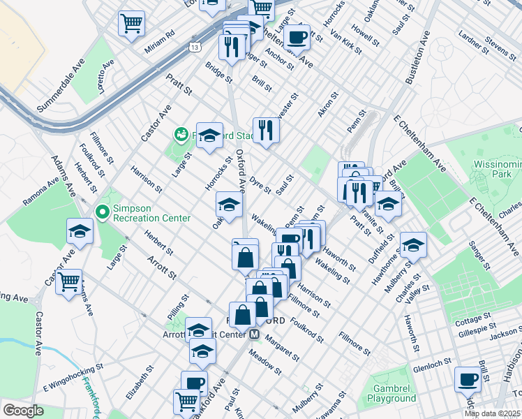 map of restaurants, bars, coffee shops, grocery stores, and more near 5012 Saul Street in Philadelphia