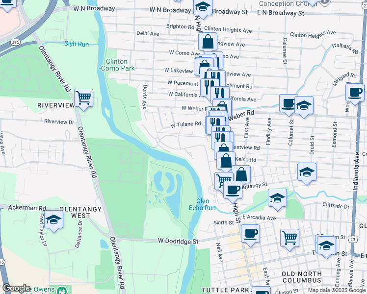 map of restaurants, bars, coffee shops, grocery stores, and more near 2982 Neil Avenue in Columbus