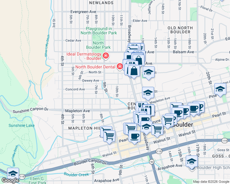 map of restaurants, bars, coffee shops, grocery stores, and more near 1122 Portland Place in Boulder